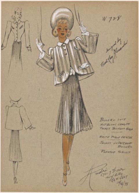 a fashion illustration sketch is shown. A figure wears a three piece skirt, shirt and blazer ensemble. Notes from the designer cover the corners of the brown page. 