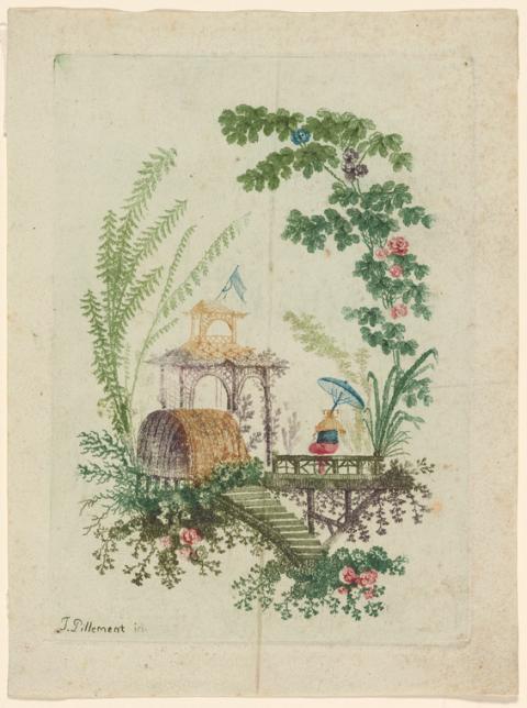 A colorful etching shows a gazebo like structure surrounded by lush, varied plant life. 