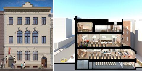Exterior and interior cross-section renderings of the Fort Washington Library renovation. 