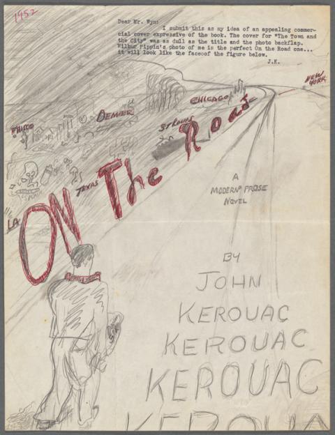 Hand-drawn cover design for On The Road by Jack Kerouac with the subtitle A Modern Prose Novel and the author listed as John Kerouac.