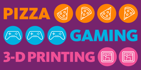 Party invitation graphic advertises pizza, gaming, and 3-D printing in colorful text on a purple background.