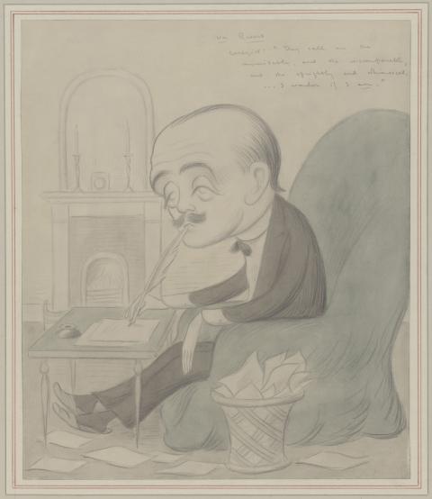 Illustration of man hunched over a table writing with a quill. He his seating on a sofa chair, with a basket of trash paper next to him.