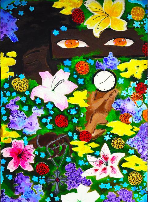 Multi color painting with flowers, brown figures, and other objects