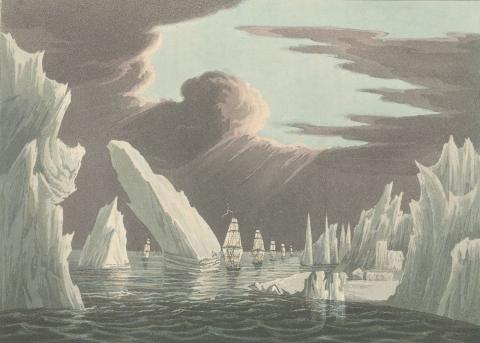 Colorful illustration of icebergs peaking through the Arctic sea, as ships sail through them.