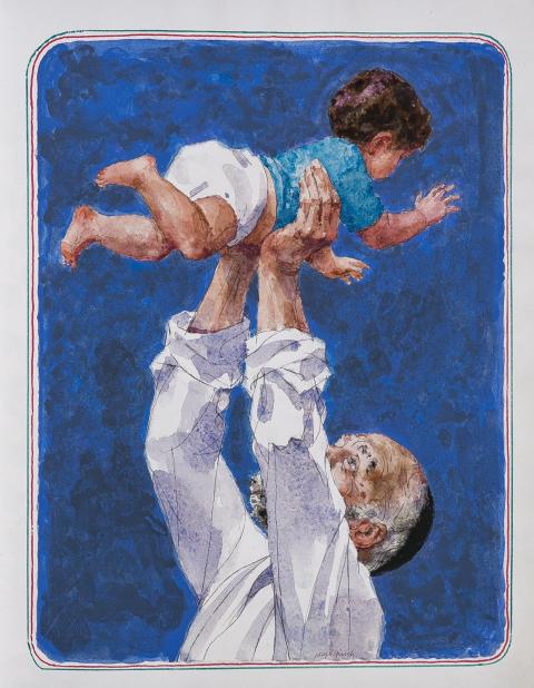 Man in white shirt lifting a baby
