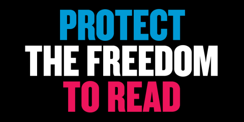 Blue, white, and magenta text on a black background reads: "Protect the Freedom to Read."