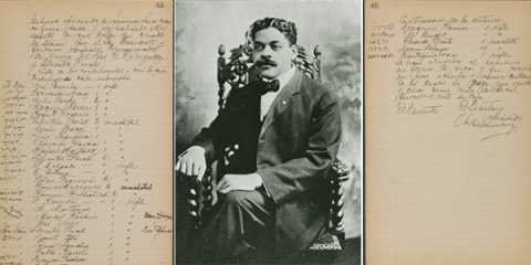 Left to right: A page of archival meeting minutes, a picture of Arturo Schomburg seated in a chair, a page of archival meeting minutes